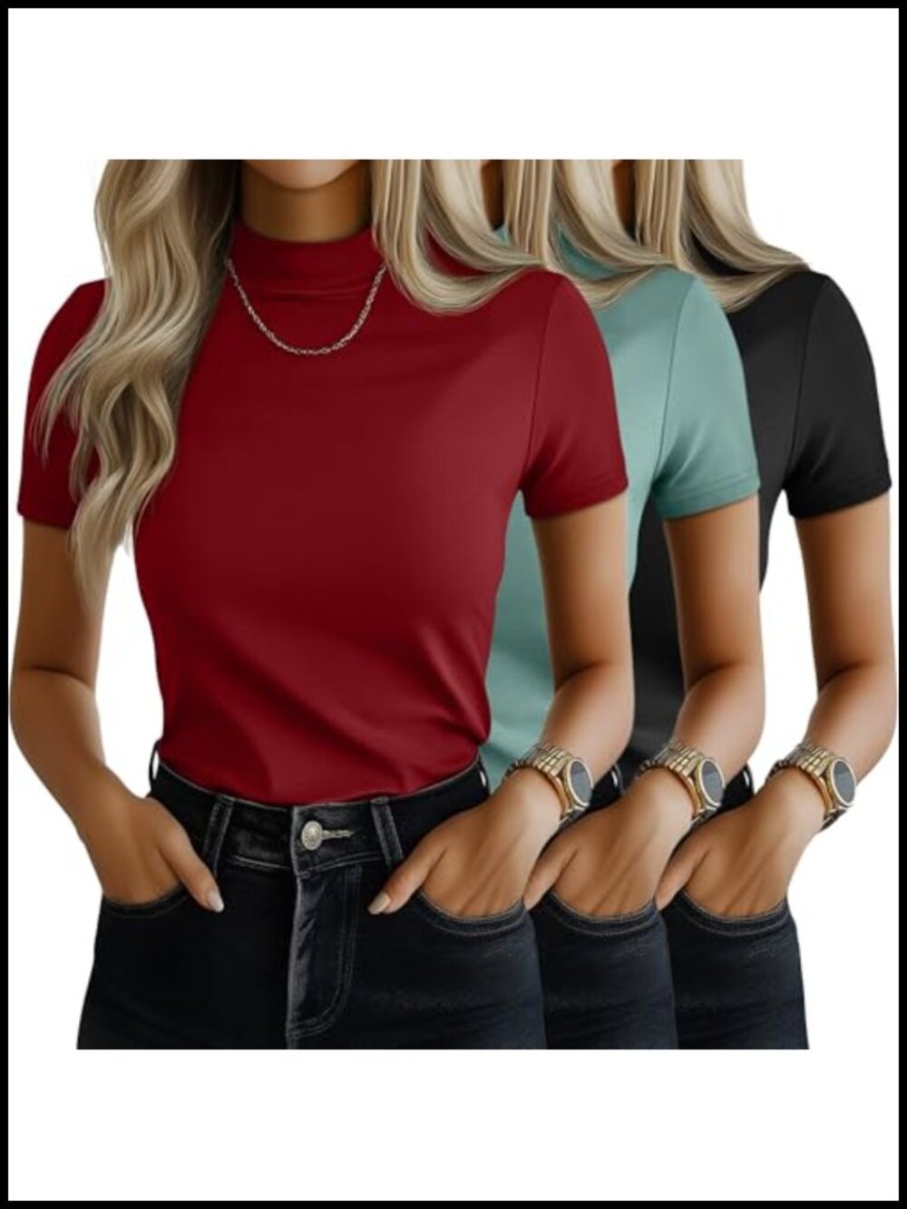3 Pack Women's Mock Neck Short Sleeve Tops Stretchable Lightweight Tees